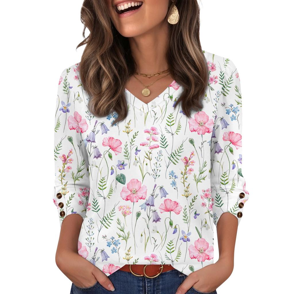 Women's Fashionable And Casual Floral V-neck Top