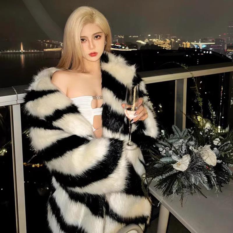 Women's New Spice Girl Sexy Zebra Pattern Environmentally Friendly Fur Coat Imitation Fox Hair Medium and Long Coat Temperament Winter Thick