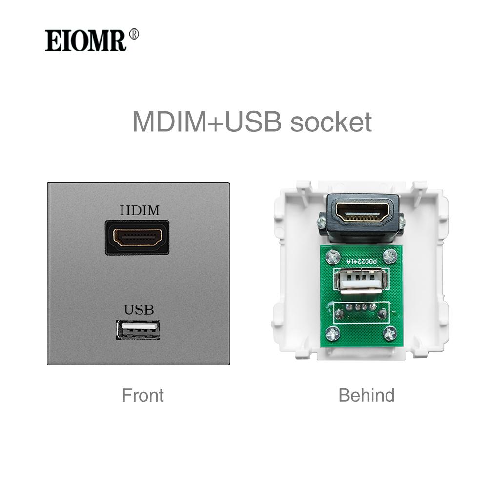 EIOMR A6 Series Grey Flame Retardant PC Panel Wall Switch EU Socket HDMI-compatible USB Type-C 2.1A Charger TV RJ45 Module DIY