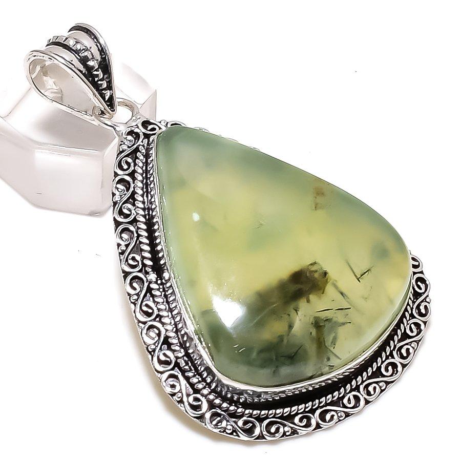 Natural Moss Prehnite Gemstone 925 Sterling Silver Jewelry Pendant 2.56" O2a10