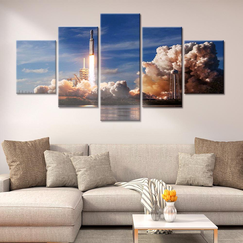 Unframed 5 Panel Rocket Launch Falcon Space Gift Prints Pictures Wall Art Home Decor Posters Canvas Paintings for Living Room