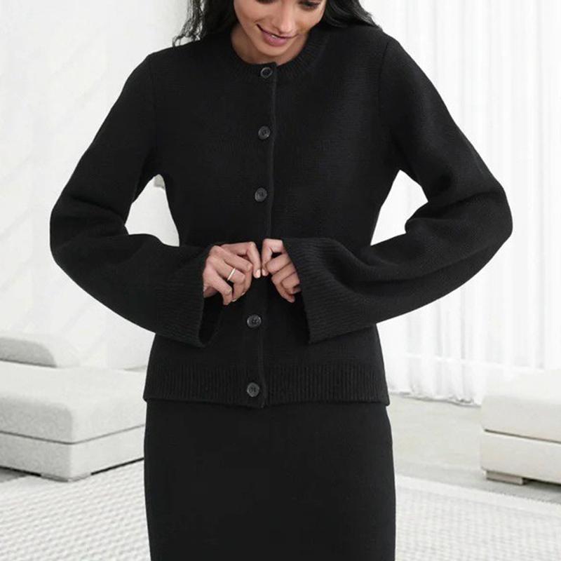 Женский премиальный однотонный свитер, элегантный модный тонкий свитер с высокой талией, кардиган с круглым вырезом, свободный длинный рукав, кардиган на пуговицах, пальто с карманами