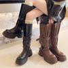 Майяр коричневые женские сапоги толстые ноги большой обхват голенища пряжка ремня толстая подошва увеличивающие рост вестерн ковбой высокие сапоги рыцаря