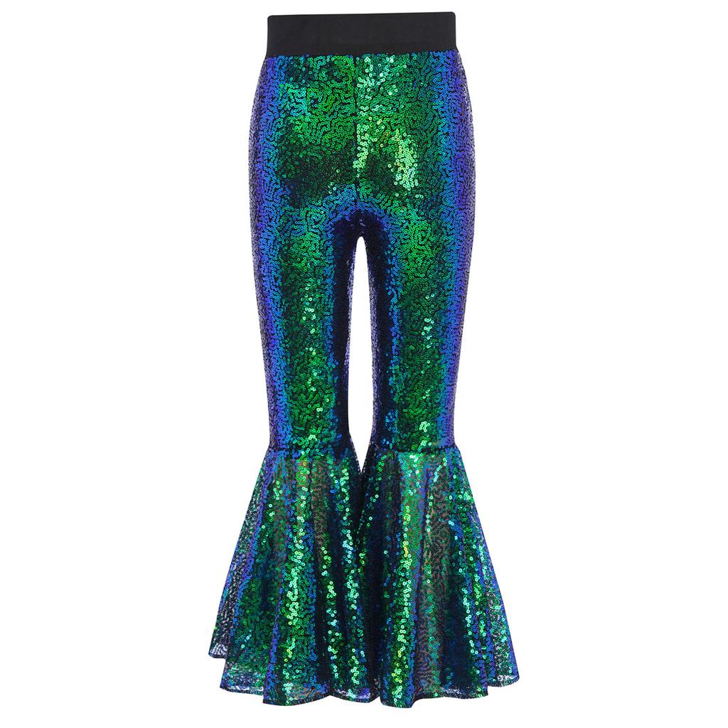 Привлекательные расклешенные танцевальные брюки для девочек: Дизайн с блестящими пайетками по всей длине ноги и эластичным поясом для свободы движений