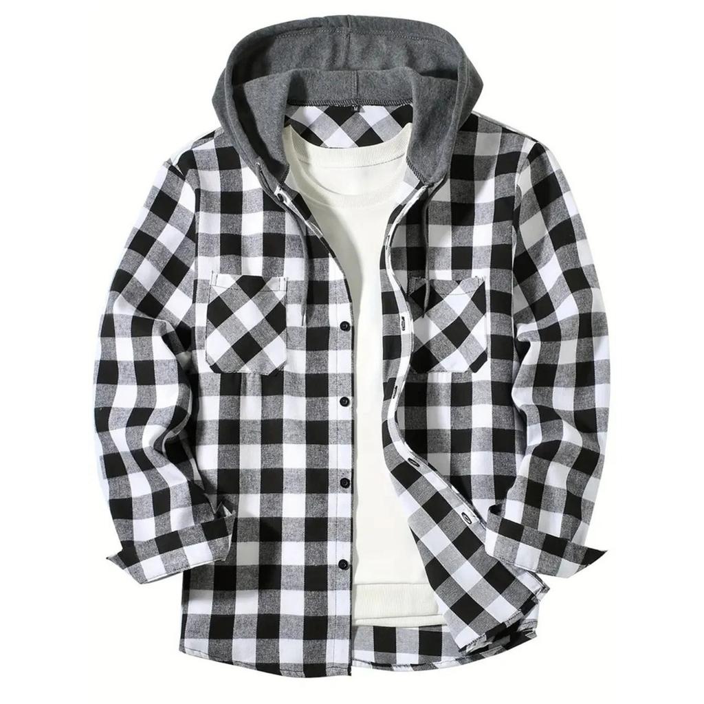 Men's Casual Long-Sleeve Loose-Fit Hooded Plaid Pocketed Shirt