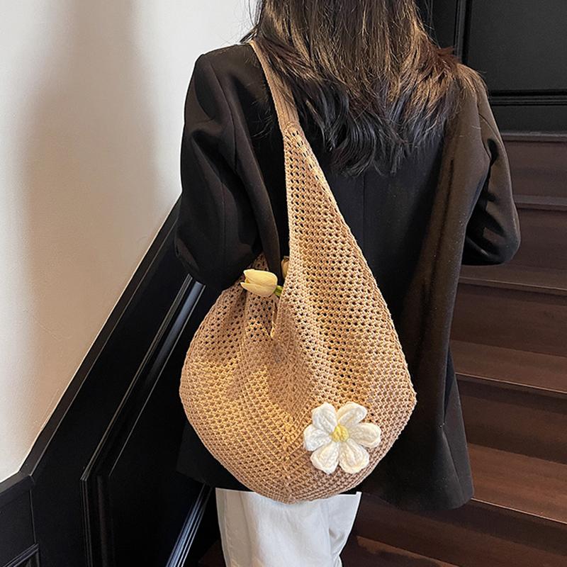 Women's Casual Hollow Out Wicker Woven Ladies Handmade Totes Bag Large Capacity Summer Beach Floral Decor Female's Shoulder Bag