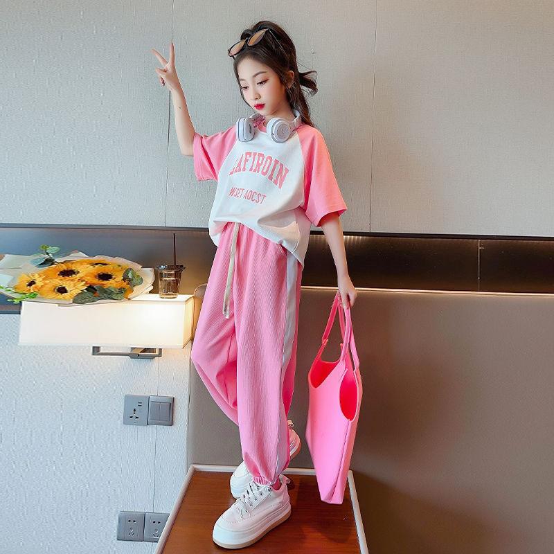 Летний повседневный комплект для девочек-подростков, детская модная футболка с буквенным принтом + брюки, спортивная одежда из 2 предметов, детская одежда