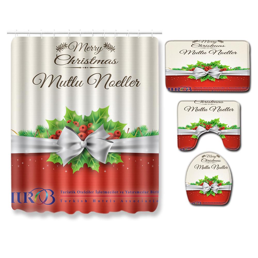 Christmas Waterproof Shower Curtain Four-Piece Floor Mat Combination Bathroom Water-Absorbing Non-Slip Carpet Door Mat Foot Mat