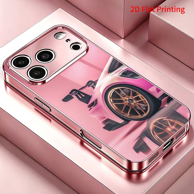 2DFlat electroplated tempered glass phone case,Pink sports car with gold rims,suitable for iPhone 18 Pro Max 17 16 15 14 13 12 11