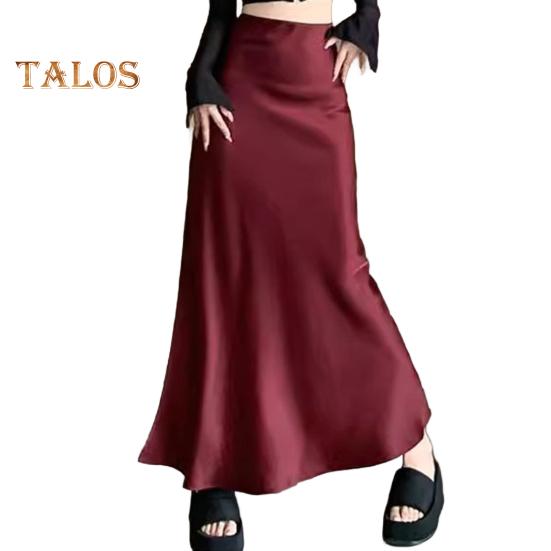 Women Fishtail Skirt High Waist Fishtail Hem Maxi Skirt Solid Color Retro Satin Texture Hip Wrapped Skirt