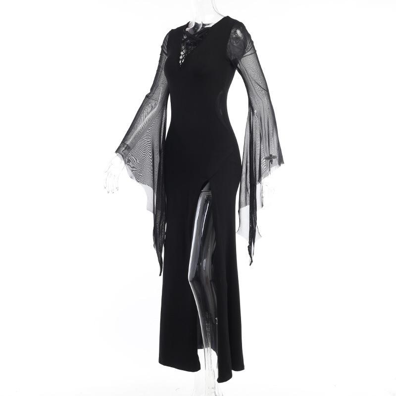 AltGoth Темно-готическое черное вечернее платье для женщин в винтажном стиле на Хэллоуин Fairycore Grunge Mesh Patchwork со шнуровкой и расклешенными рукавами Платье для женщин