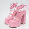 New Sexy Pink Strappy Heels Chunky Platform Sandals For Women Fashion Open Toe Crystal Buckle Wedding Stripper Shoes