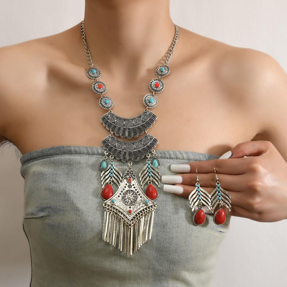 Exaggerated Long Tassels Necklace Earrings Imitation Turquoise Neck Jewelry Jewelry Accessories