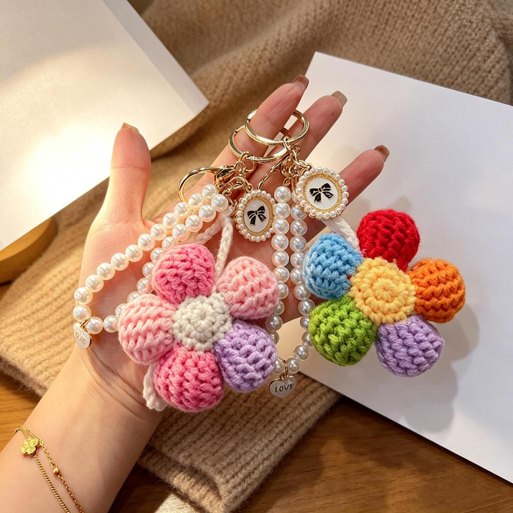 Handmade Crochet Flower Keychain Set, Colorful Knit Flower Bag Charm with Pearl Strap,Crochet Flower Keychain, Pearl Strap Charm