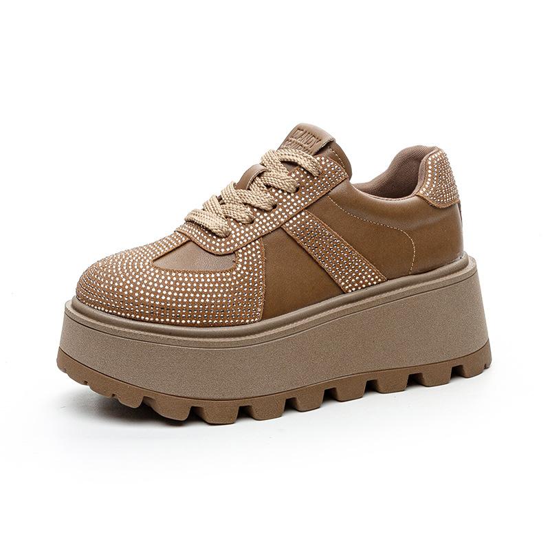 Thick-soled Heightening German Training Shoes Women's 2025 Autumn Models Retro Matte Leather Plus Rhinestones Casual Fashion Sports Board Shoes Women'