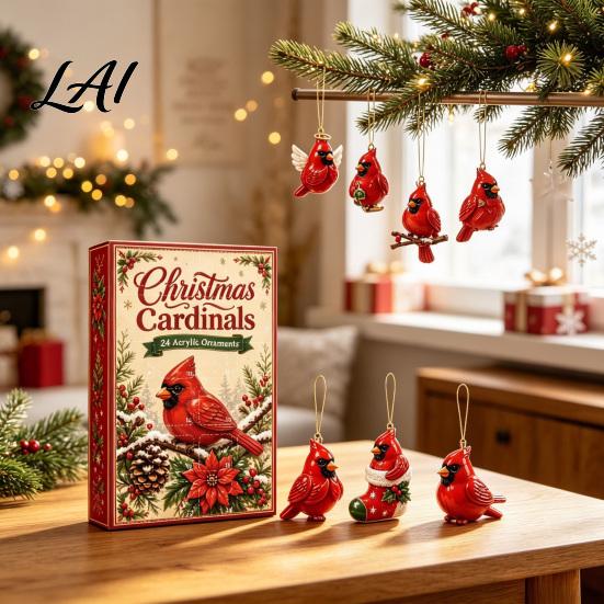 Decorative Holiday Accessory Red Bird Advent Countdown Set Christmas Calendar 24-Day with Daily Box Ornaments 2D Acrylic Tree Hanging Decor