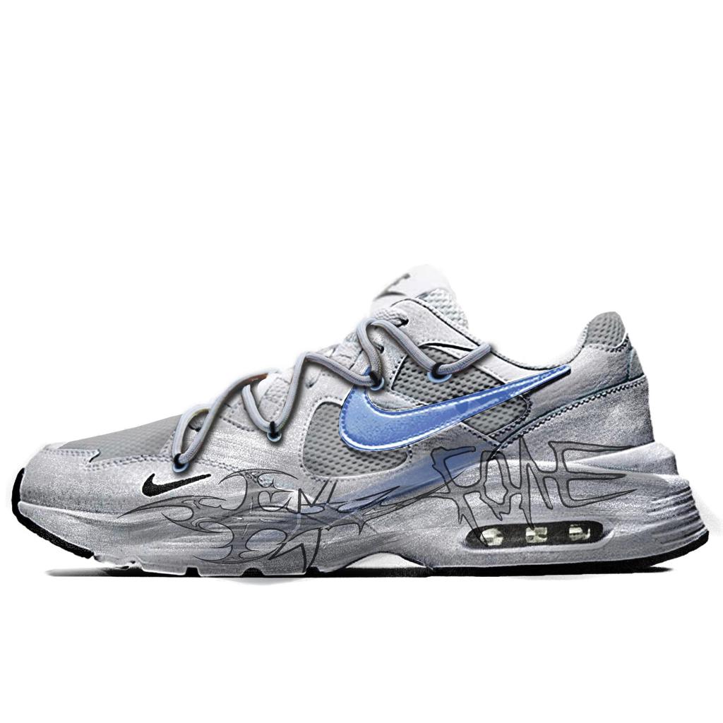 Nike Air Max Fusion Da Vinci Custom, Royal Blue Leather Lightweight Low top Casual Shoes Women's Silver Gray CJ1671-100(TeamM-)
