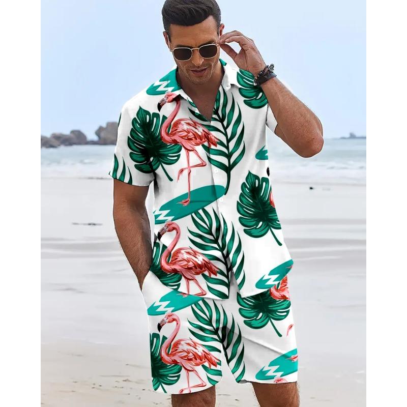 Men's 3D Flamingo Printed Shirts Hawaiian Beach Vacation Short Sleeve Shorts 2 Piece Summer Hip Hop Trend Fashion Men Sets