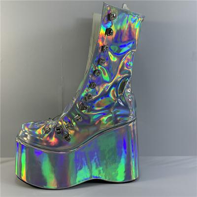 Магические фиолетовые 12,5 см модные туфли на танкетке, сценическое выступление, уличный стиль, сексуальные ботинки на заказ, модельные клубные ботильоны