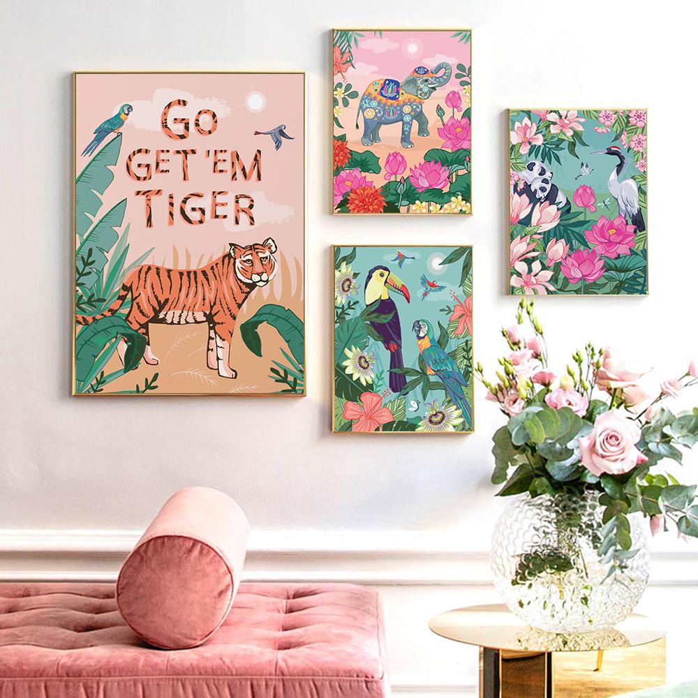 Настенные художественные принты, растения, животные, иллюстрированные экзотическими птицами, цветами, холст, картина для комнаты, домашний декор, тропический абстрактный пейзаж, фреска