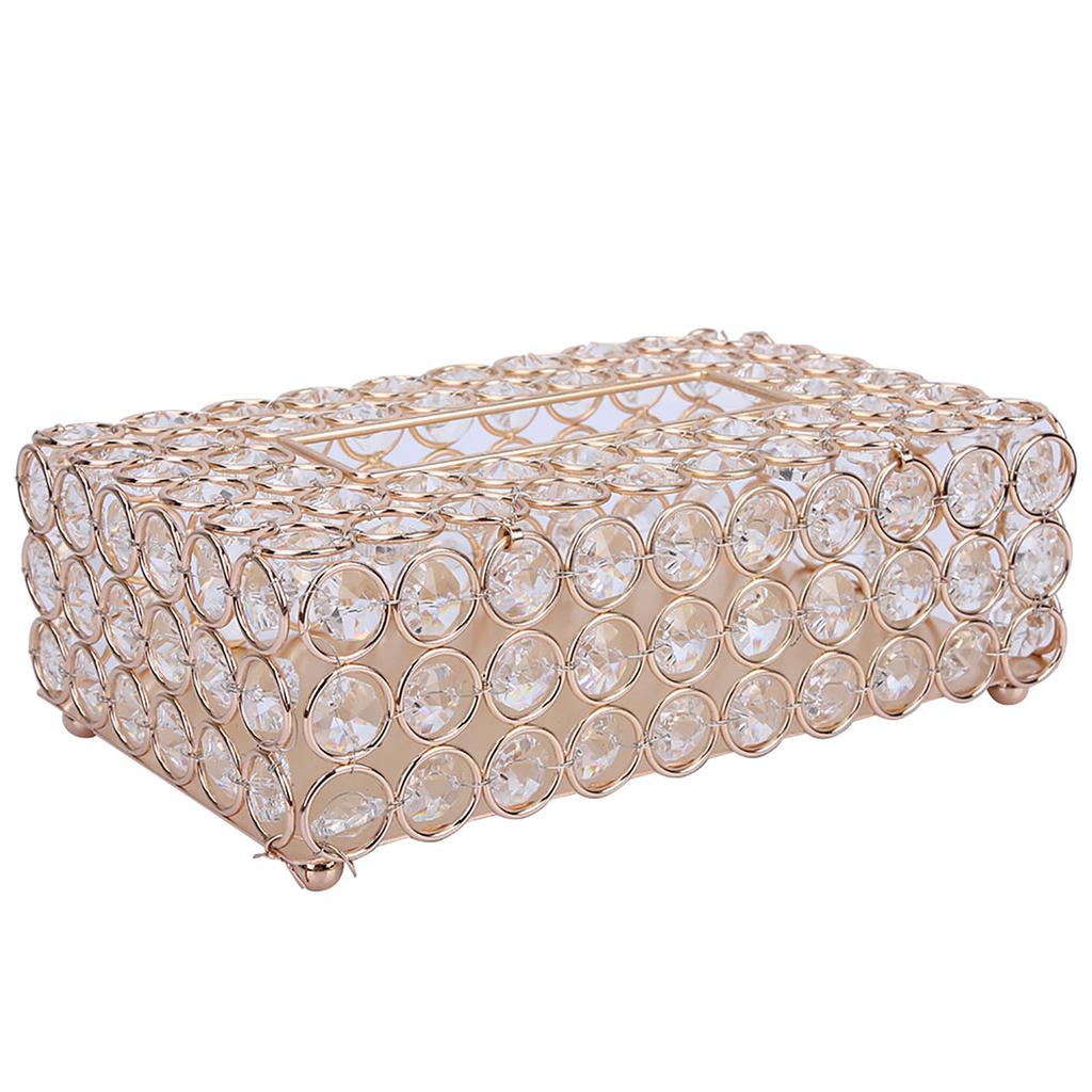 Rectangular Artificial Crystal Tissue Box Cover Tissue Paper Storage Holder Home Decor (Gold)