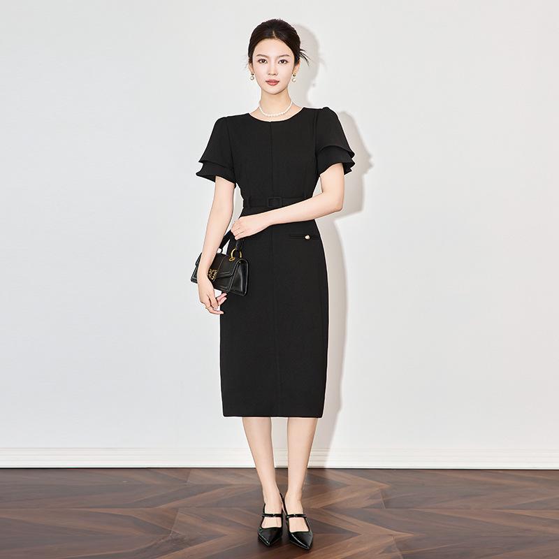 French-Inspired Waist-Cinching Ruffle Sleeve Dress