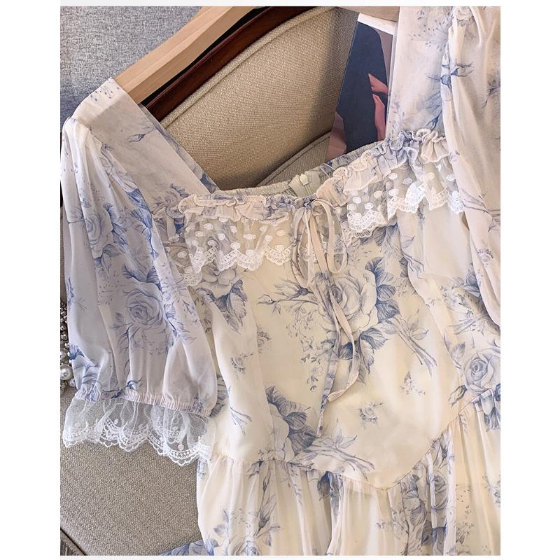 Плюс Размер Женское Летнее Высококачественное Стильное Винтажное Квадратный Воротник Рукава Сумка Цветочное Платье