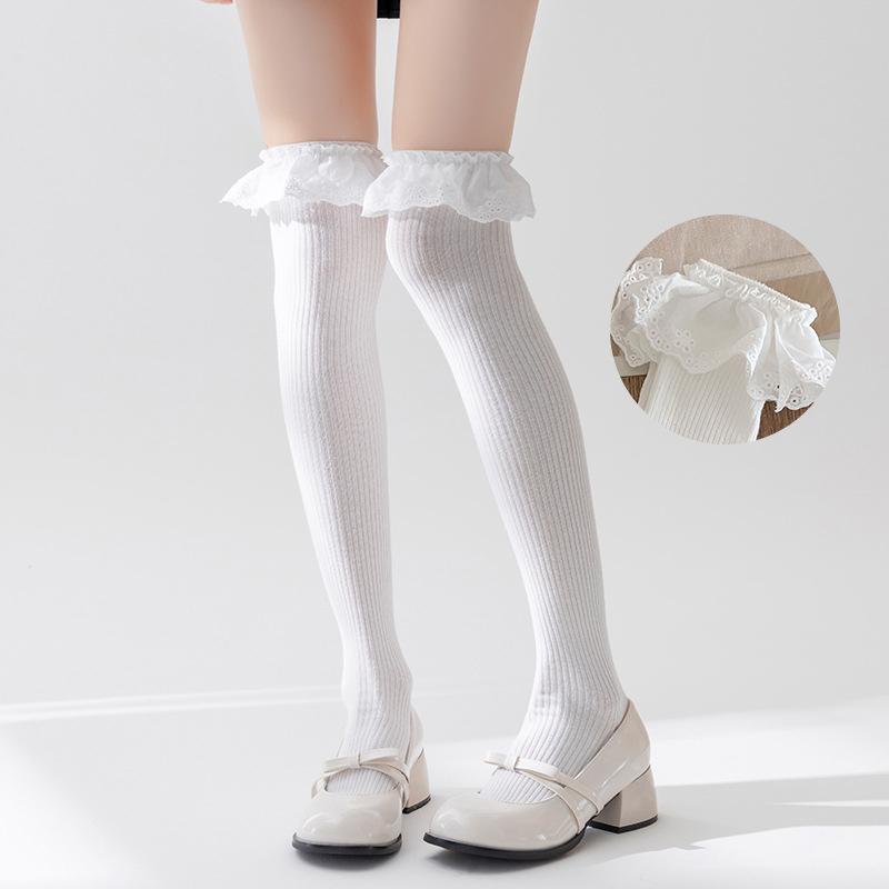 Однотонные высокие кружевные милые чулки в стиле Лолиты, толстые теплые черные белые длинные носки для женщин