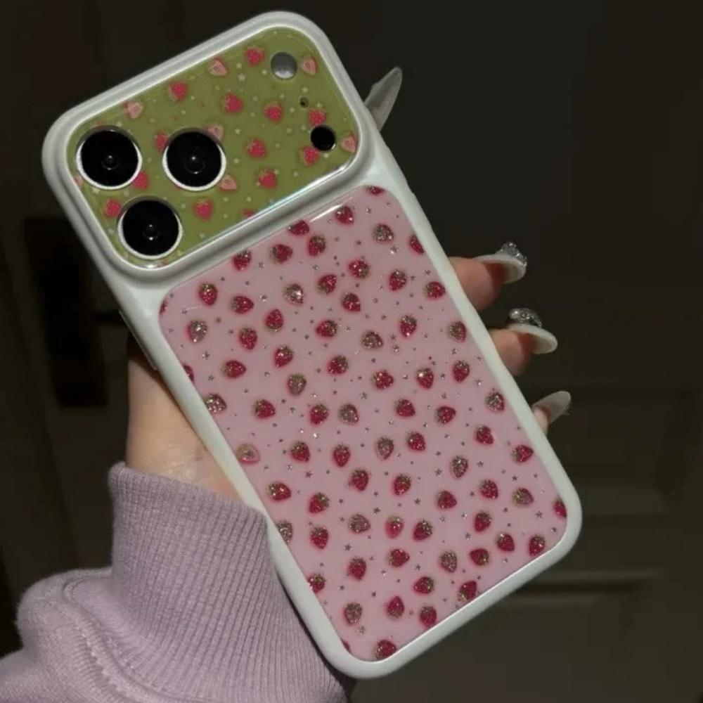 2026 Новый чехол для iPhone 17 Pro Max, двухцветный, дизайн с клубникой, полное покрытие, защита от падений, кнопки камеры, пружина, женский стиль