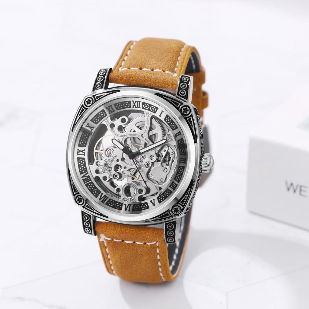 Automatic Skeleton Watch with Genuine Leather Roman Analog 3ATM Water Stylish Accessory for Leisure and Business Perfect Gift for and Day Men's Strap
