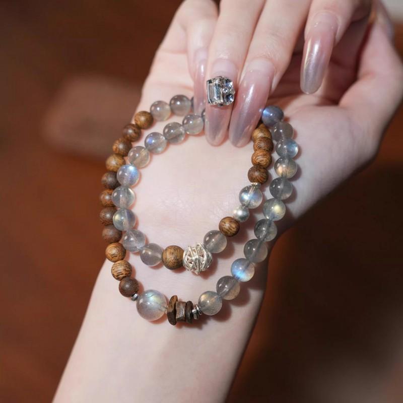 Reverse Story Natural Gray Moonstone Sandalwood Crystal Double Circle Bracelet Couple Jewelry Gift