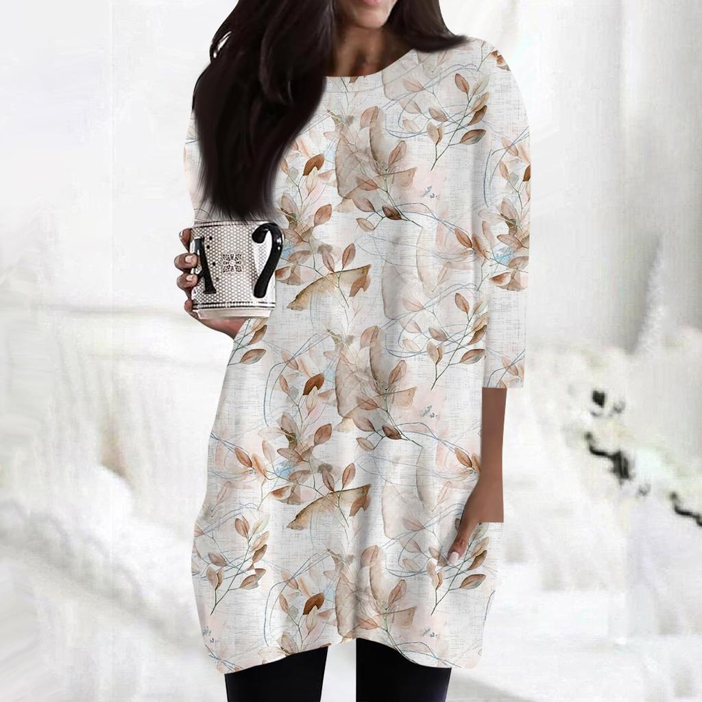 Женская модная повседневная футболка с круглым вырезом и принтом, рукавом 3/4, двойным карманом