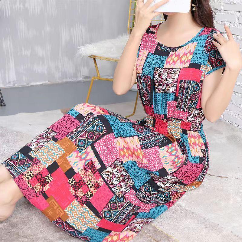 Летнее платье из хлопка и шелка в этническом стиле с цветочным принтом, модное элегантное платье больших размеров с короткими рукавами и средней длиной