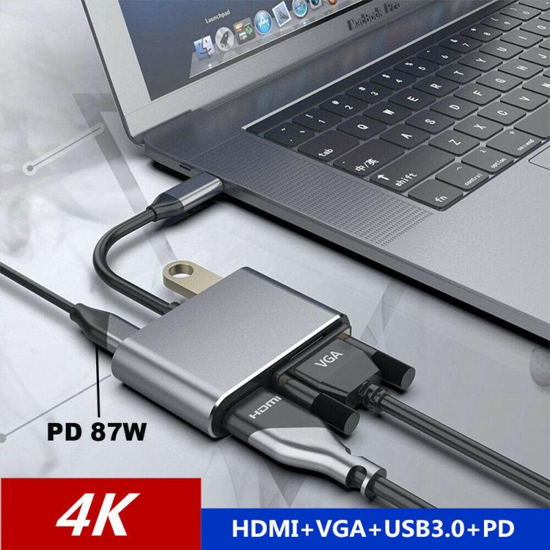 4 в 1 удлинитель USB-адаптер C Type-c к HDMI-совместимому адаптеру Vga Usb3.0 для аудио и видео, быстрое зарядное устройство