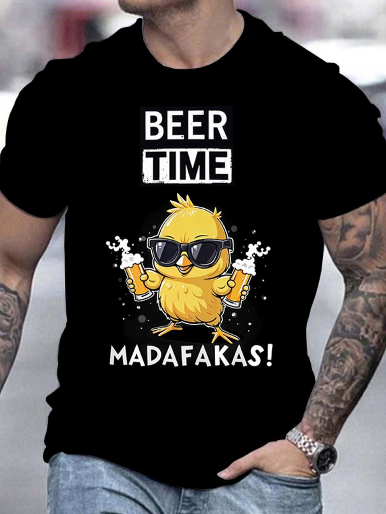 Мужская забавная футболка с принтом пива и курицы Черно-белый принт Слоган BEER TIME Повседневный летний топ с круглым вырезом и короткими рукавами