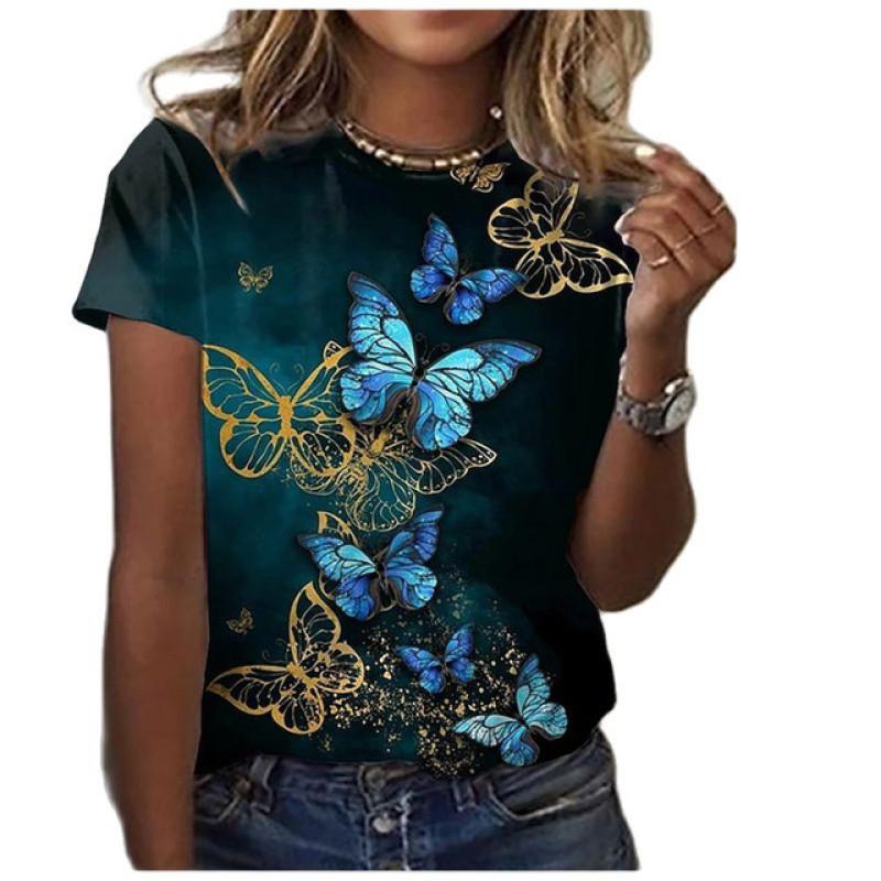 2023 New Women's Summer Short Sleeve T-shirt 3D Floral Print Round Neck Loose Casual Style T-shirt
