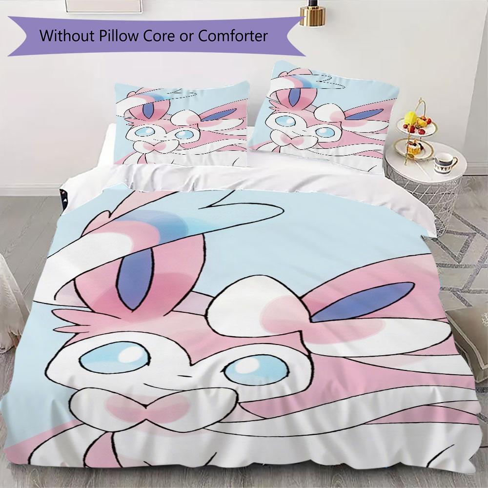 Sweet Sylveon Print Bedding Set 3Pcs Duvet Cover Pillow Shams Bedroom Decor for Anime Lovers