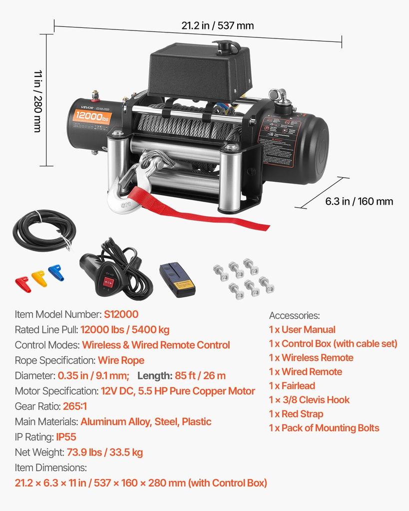 Electric Winch, 5400 kg Load Capacity, 12V DC Truck Winch with 9.1 mm x 26 m Steel Rope, Wireless & Wired Remote Control, Suitable for Towing SUV Jeep