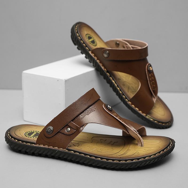 Летние мужские сандалии, нескользящие шлепанцы для мужчин, пляжные сандалии, кожаные тапочки на мягкой подошве, мужские повседневные сандалии для отдыха на открытом воздухе, большой размер