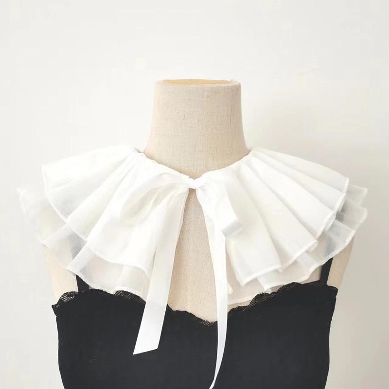 Girls Ruffled Decorative Collar Elegant Pleated Shawl Scarf Casual Detachable Layered Ribbon Tie False Collar Sweater