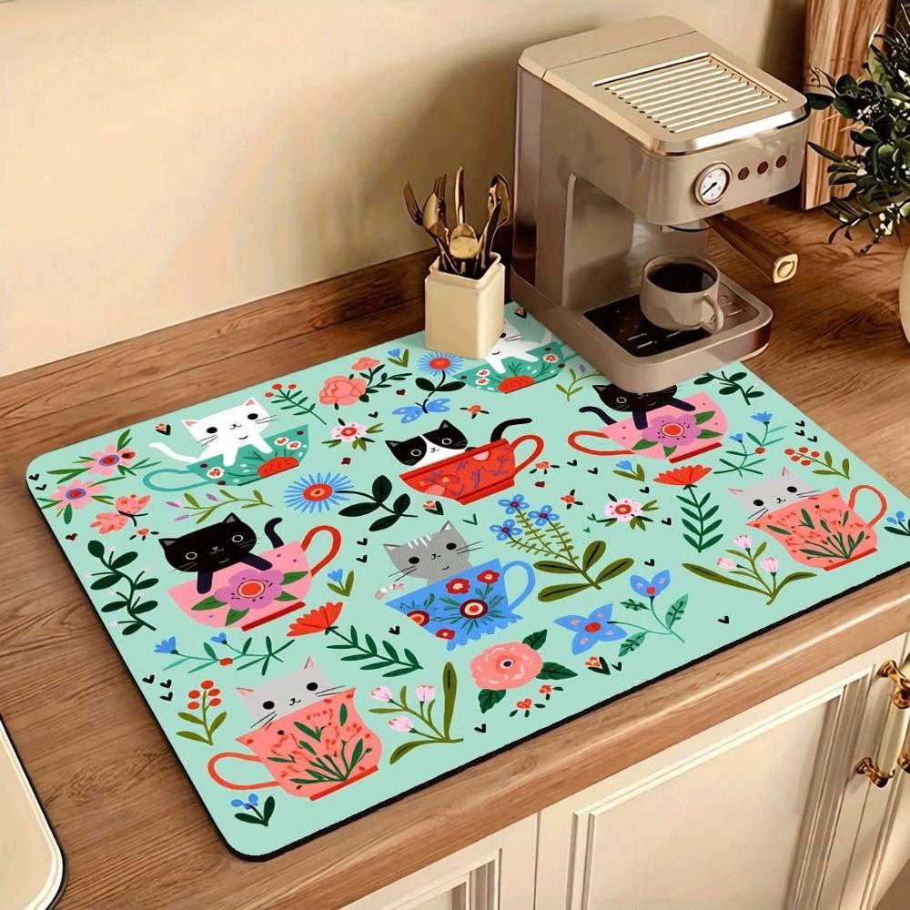 Sweet Kitchen Mat Cat Floral Dish Drying Mat Household Coffee Machine Mat Coffee Bar