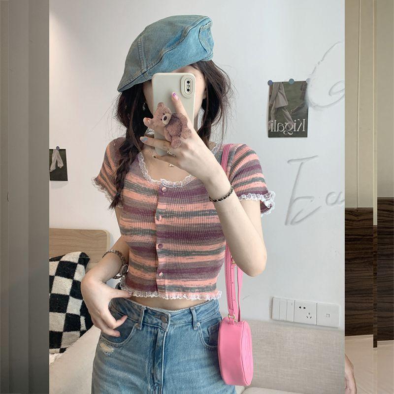 Радужная полосатая рубашка с квадратным вырезом на плече и короткими рукавами для женщин, летняя облегающая и короткая летняя рубашка