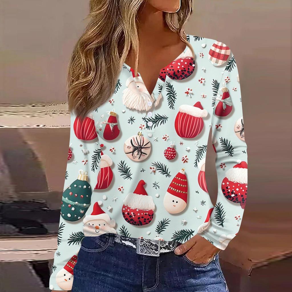 Женская футболка с рождественским принтом на пуговицах с длинным рукавом, повседневная, выходного дня, модная, базовая, с V-образным вырезом, обычная