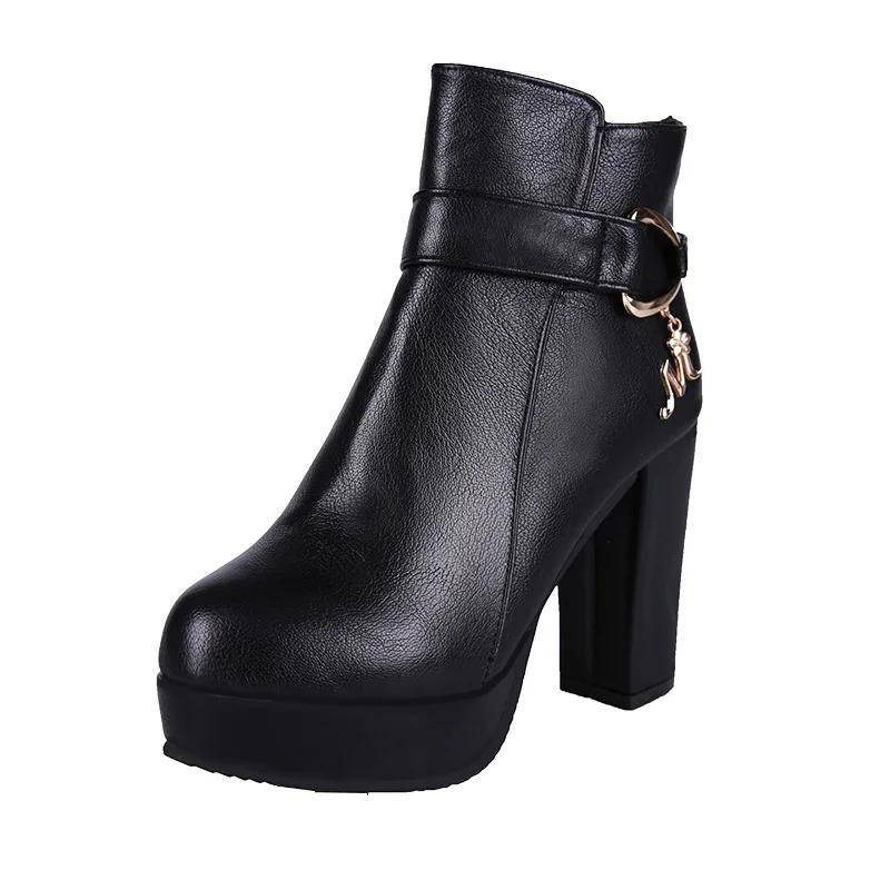 Autumn Winter Women Fashion Ankle Boots New Warm Velvet Chunky High Heels Shoes Snow Boots Comfort Soft Leather Cotton Shoes