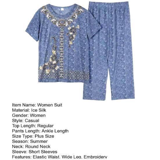 2 шт./компл. женский пижамный комплект среднего возраста с круглым вырезом и вышивкой, с коротким рукавом, большие размеры, эластичная талия, плиссированные