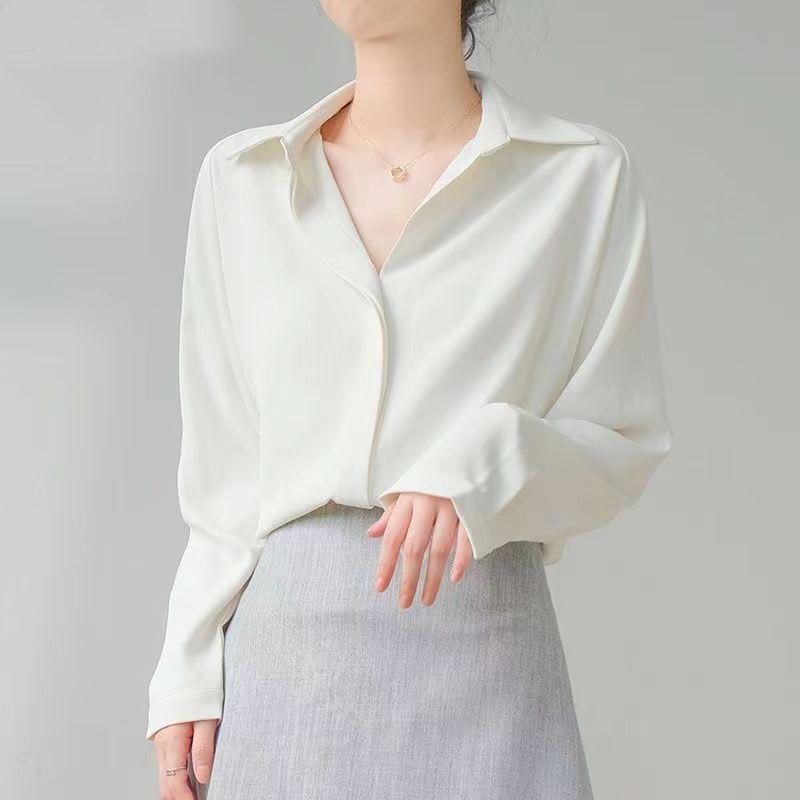 Spring Korean-style Pure Color Loose Satin Long Sleeve Shirt Women