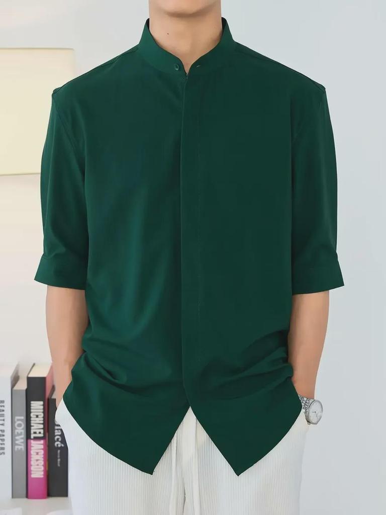 Мужская рубашка с коротким рукавом из шелка Ice Silk — летний воротник-стойка, модный китайский стиль, приталенный крой, бесплатная глажка.