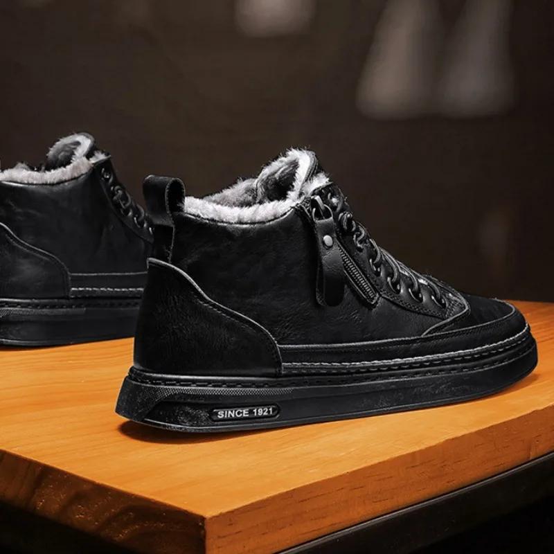Модные зимние хлопковые ботинки для мужчин, высокие кожаные ботинки, теплые меховые короткие ботинки, ретро-мужские кроссовки, мужская рабочая обувь на молнии, Botas
