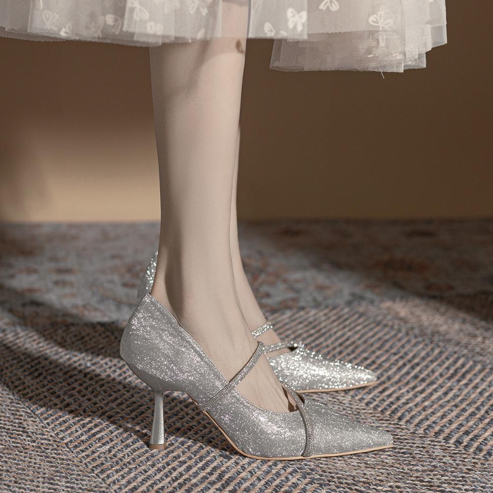 Туфли-лодочки женские туфли блестящие серебристые боковые полые высокие каблуки новые женские туфли с бриллиантами из воды остроконечные свадебные туфли невесты тонкие каблуки