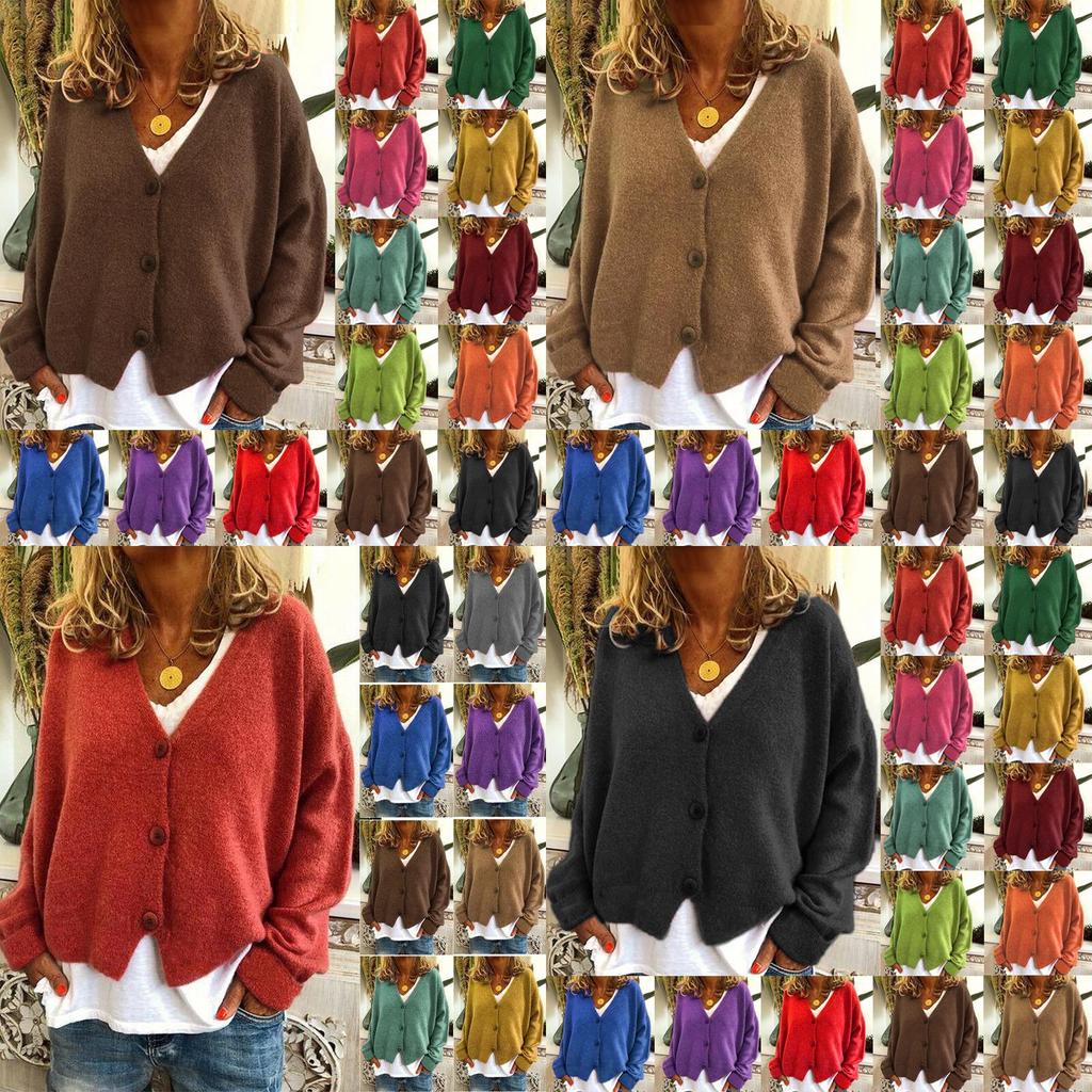 Knitted Womens Plain Coat Cardigan Ladies Button Loose Jumpers Sweater Size Plus